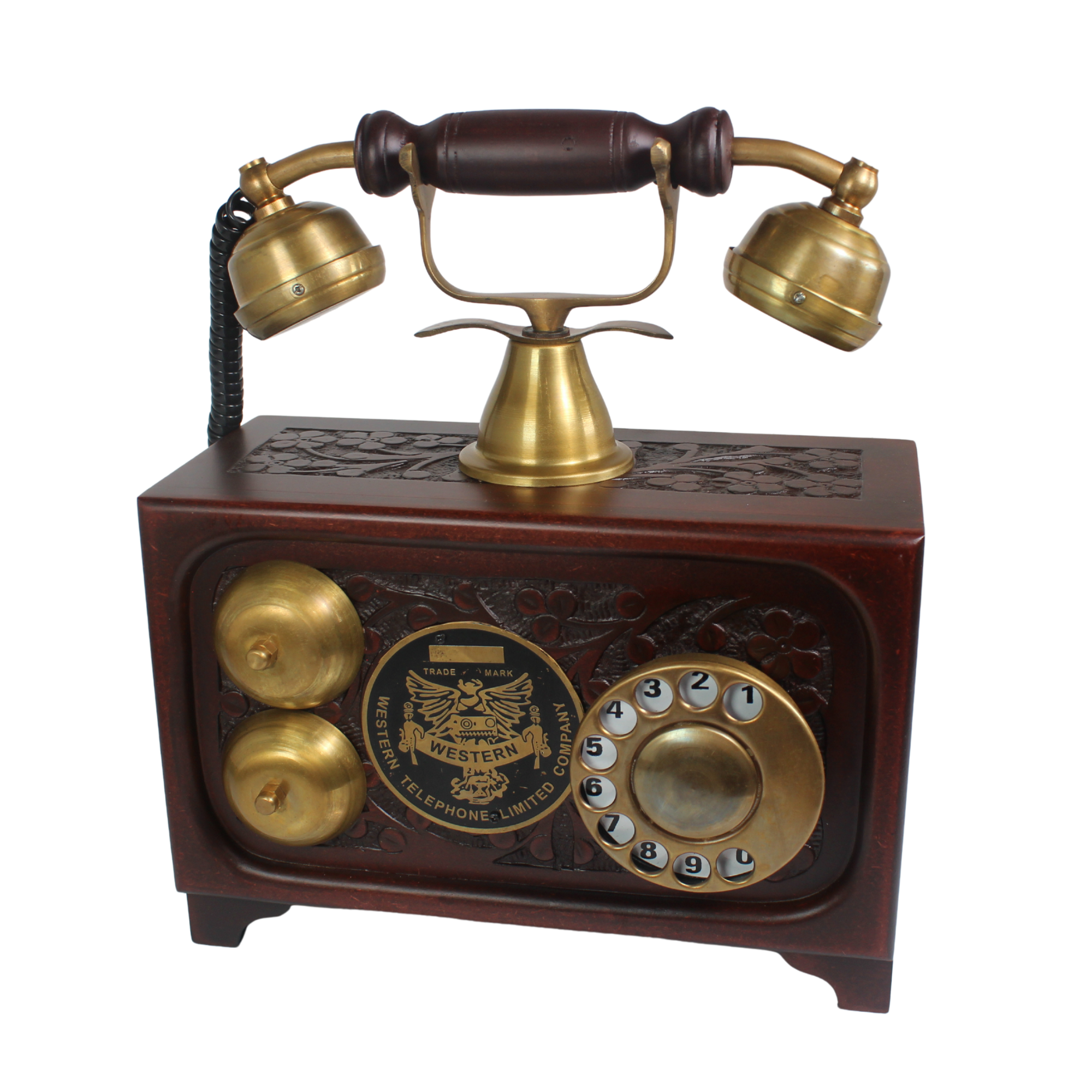 Western Vintage Wooden Rotary Dial Telephone - Brass Accents Decorative Showpiece