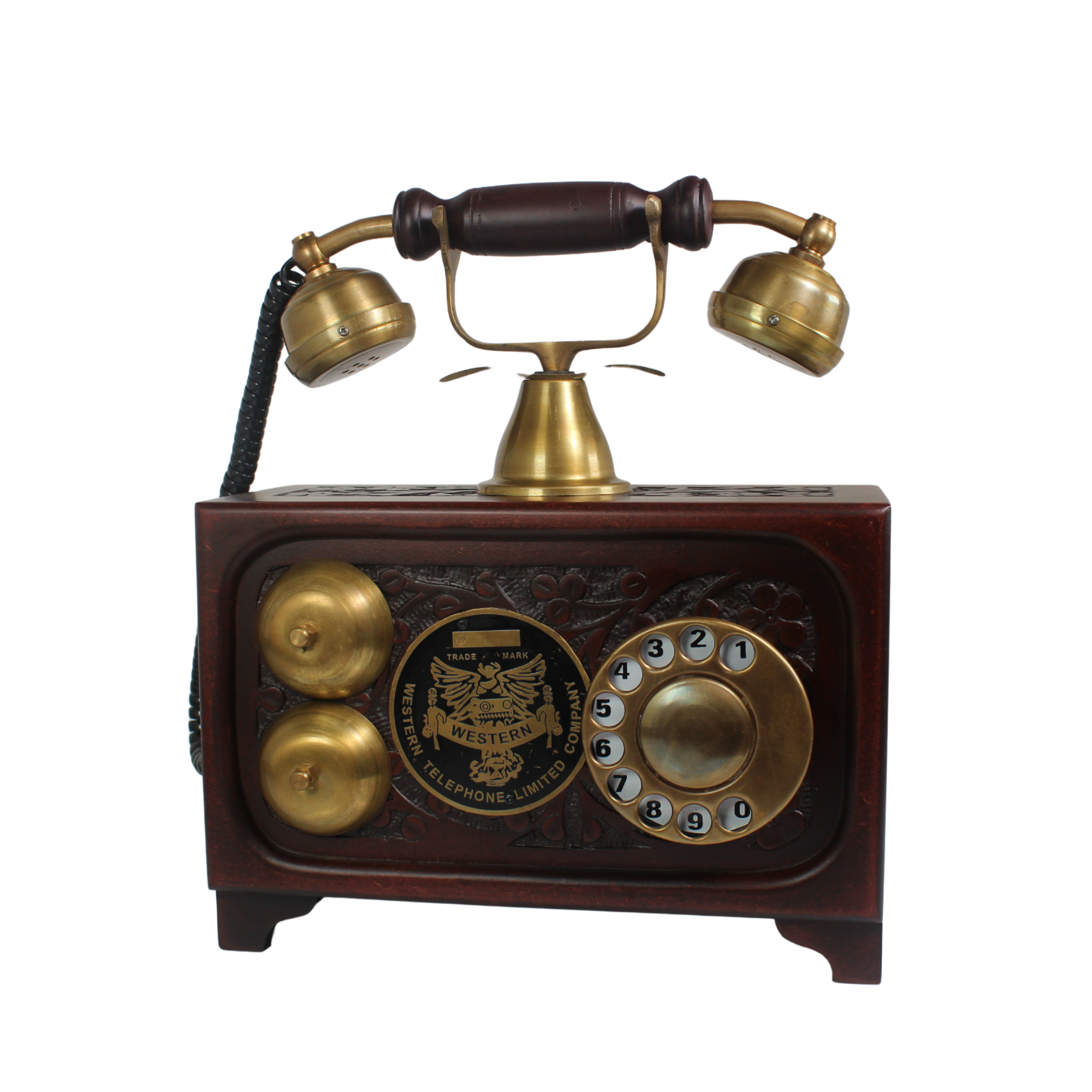 Western Vintage Wooden Rotary Dial Telephone - Brass Accents Decorative Showpiece