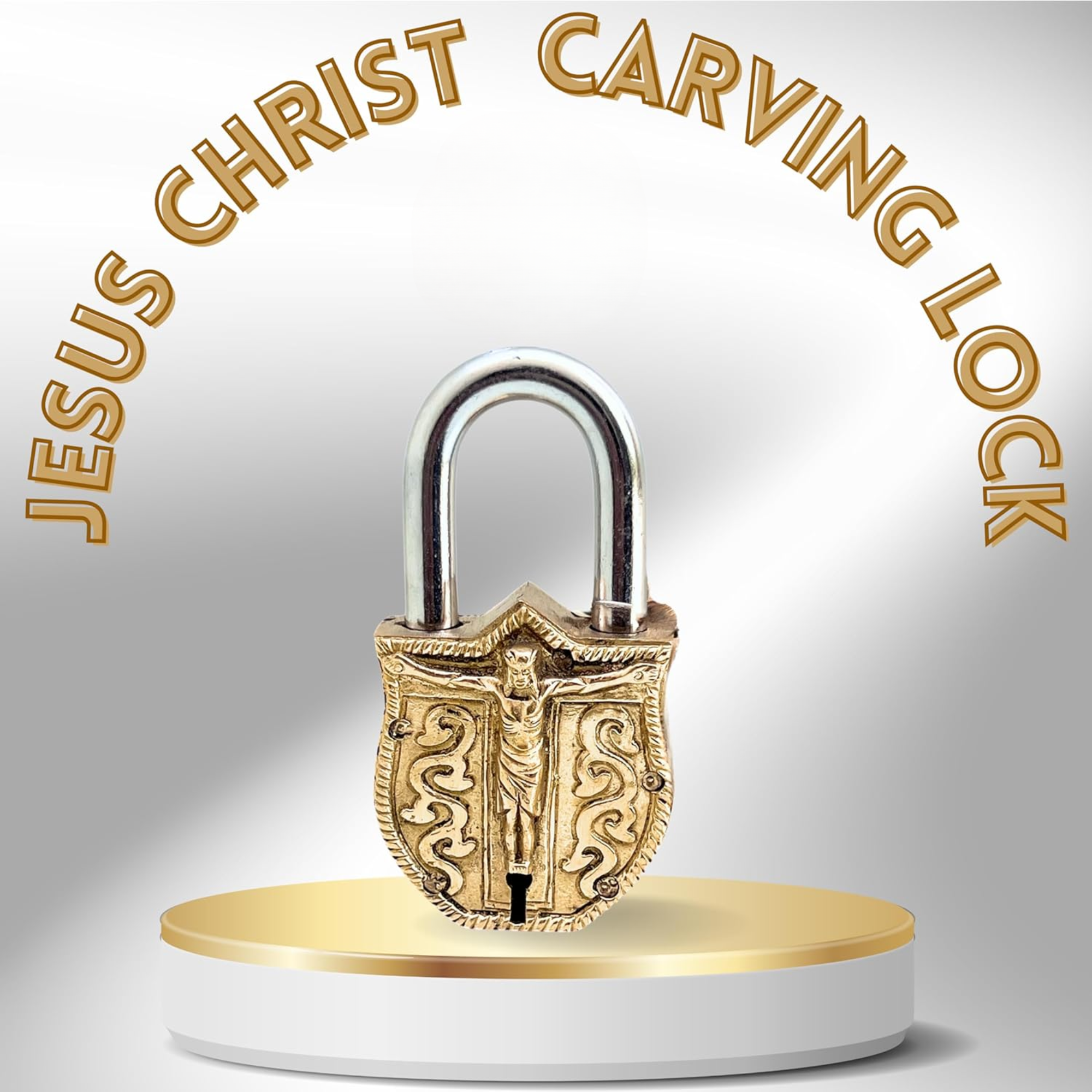 Brass Embossed Jesus Christ Padlock – Vintage Church Lock with Keys