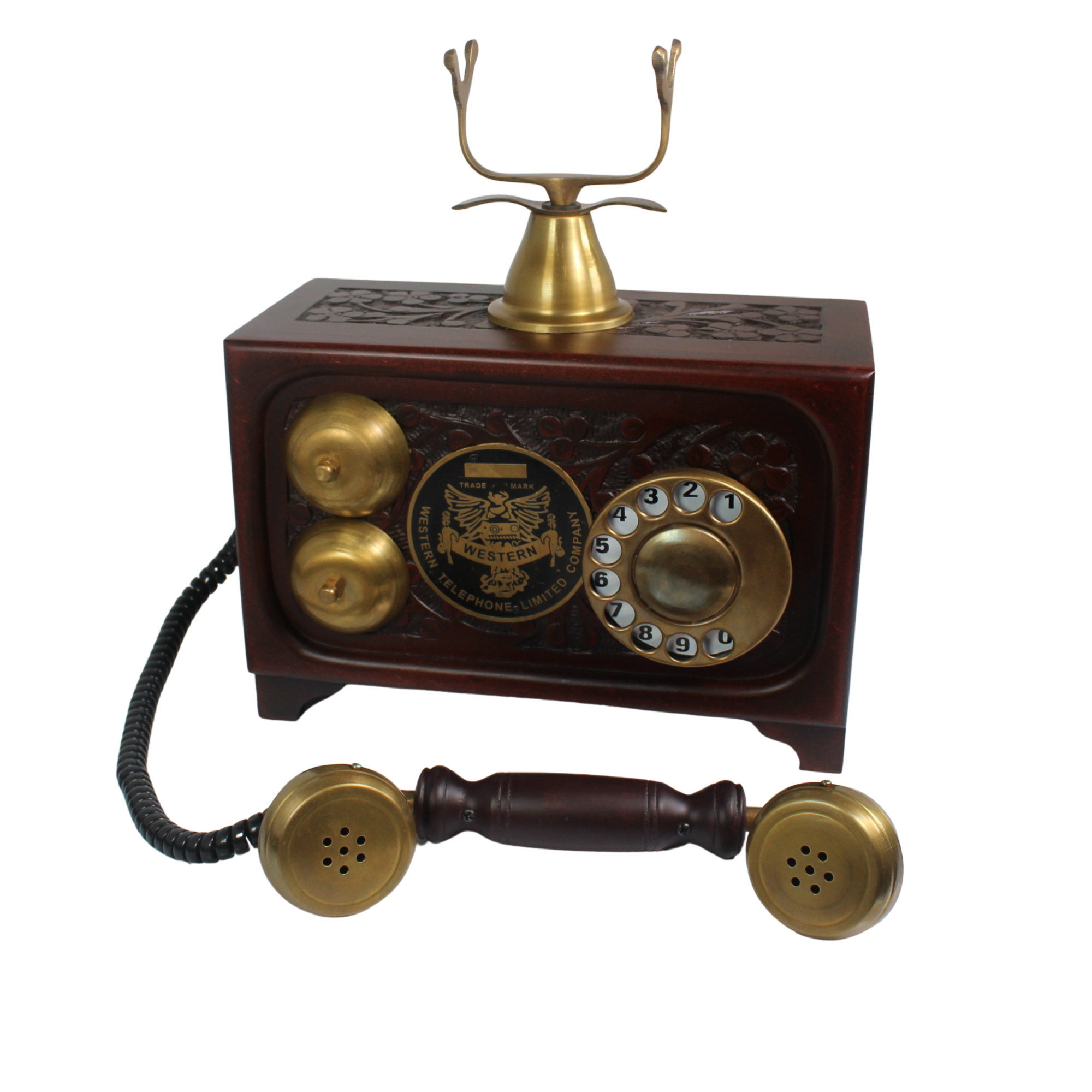 Western Vintage Wooden Rotary Dial Telephone - Brass Accents Decorative Showpiece