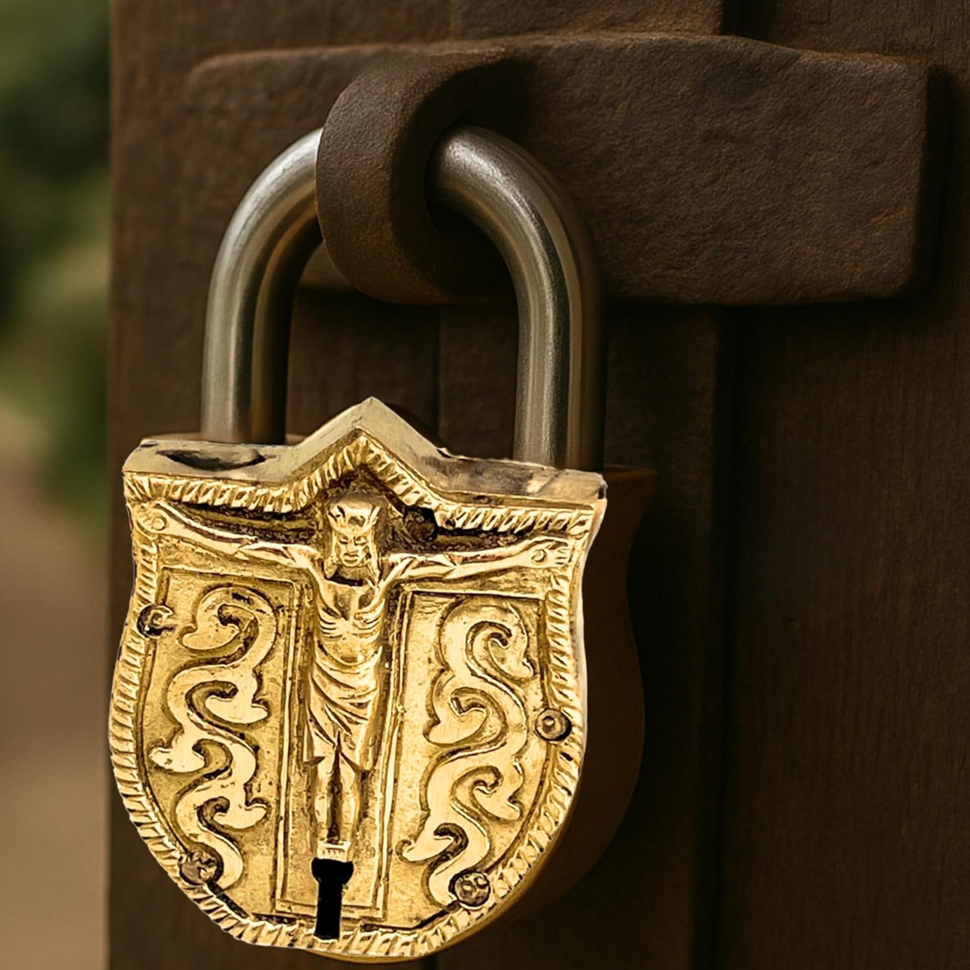 Brass Embossed Jesus Christ Padlock – Vintage Church Lock with Keys