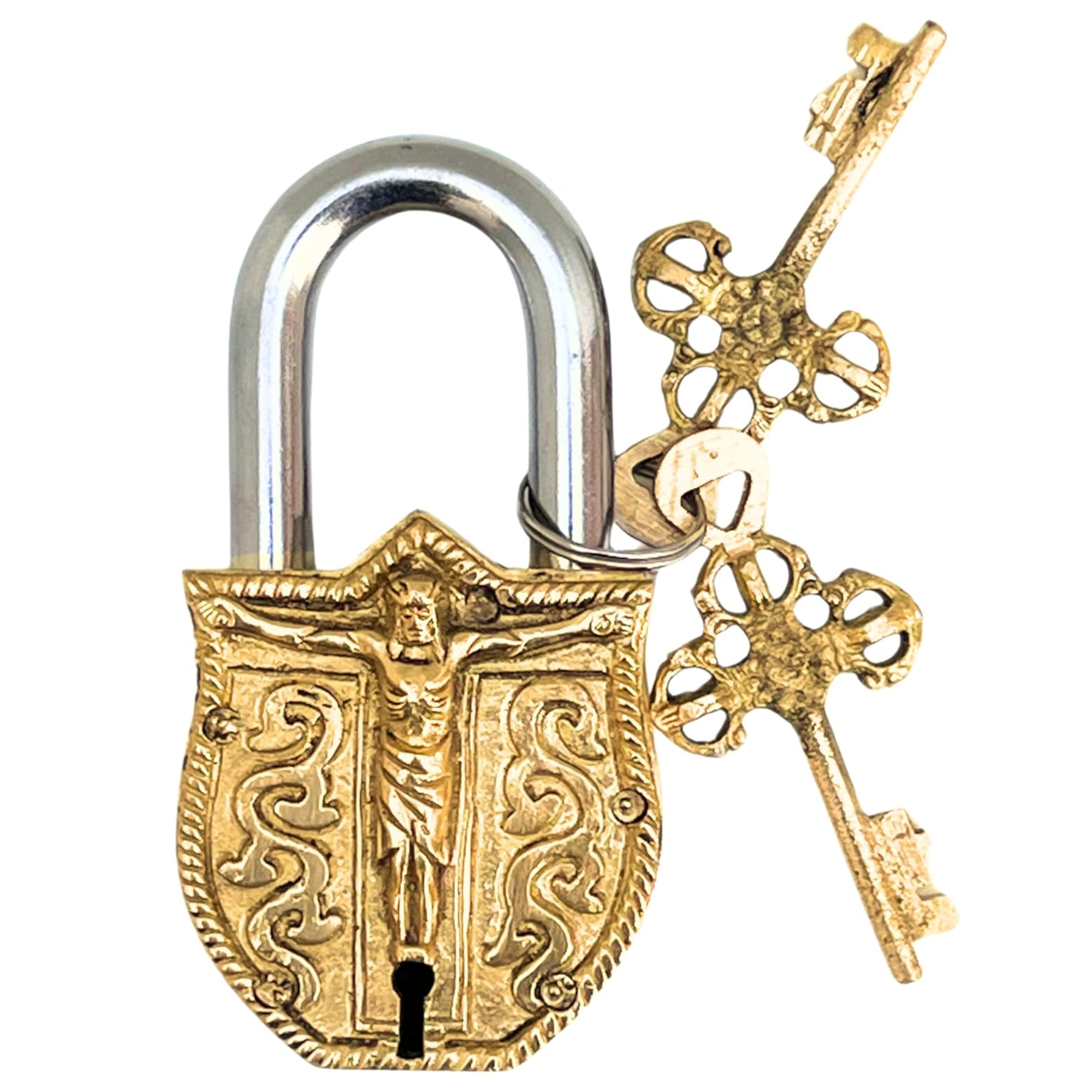 Brass Embossed Jesus Christ Padlock – Vintage Church Lock with Keys