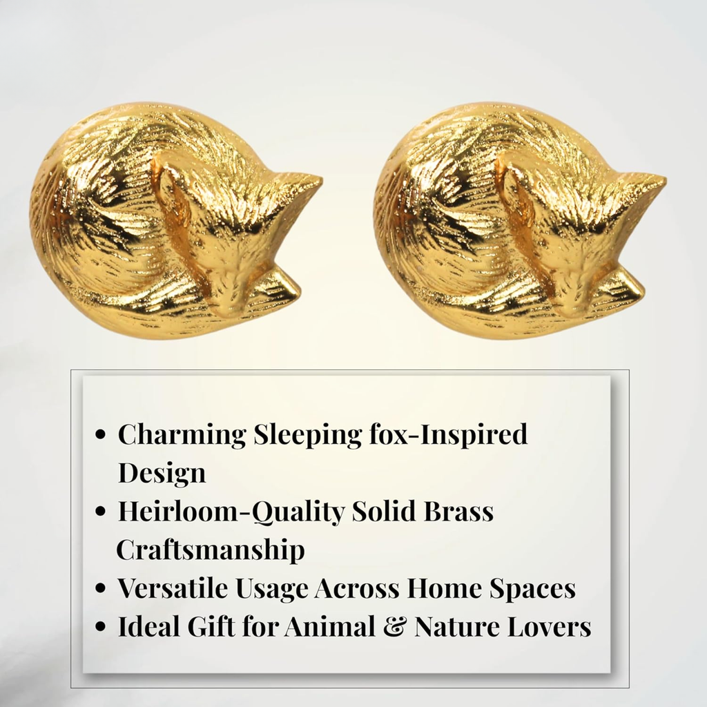 Shiny Brass Sleeping Fox Cabinet Knobs – Animal Drawer Pulls for Room, Cupboard, Closet, Dresser & Furniture Hardware | Wood Decor Knob Set (Pack of 2)