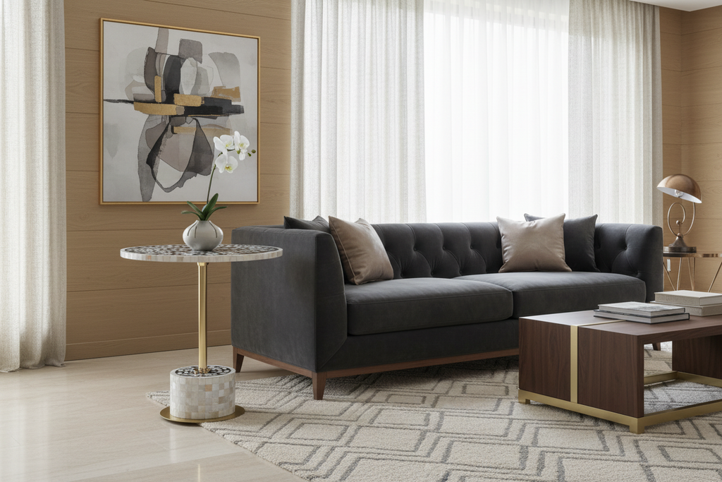 Handmade Black Mother of Pearl Side Table - Brass Stem & Floral Inlay