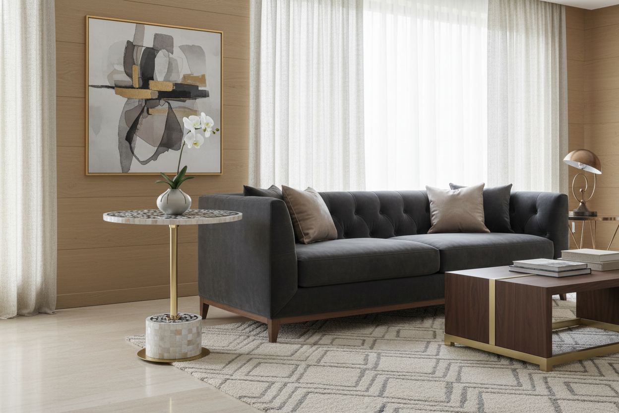 Handmade Black Mother of Pearl Side Table - Brass Stem & Floral Inlay