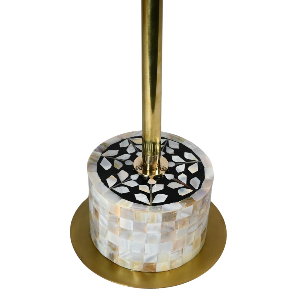 Handmade Black Mother of Pearl Side Table - Brass Stem & Floral Inlay