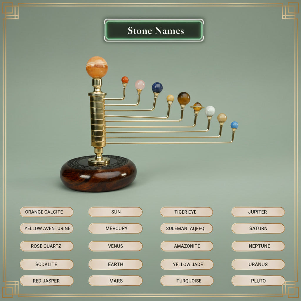 Luxury Gemstone Solar System Orrery - Handcrafted Brass & Natural Gemstone Planets