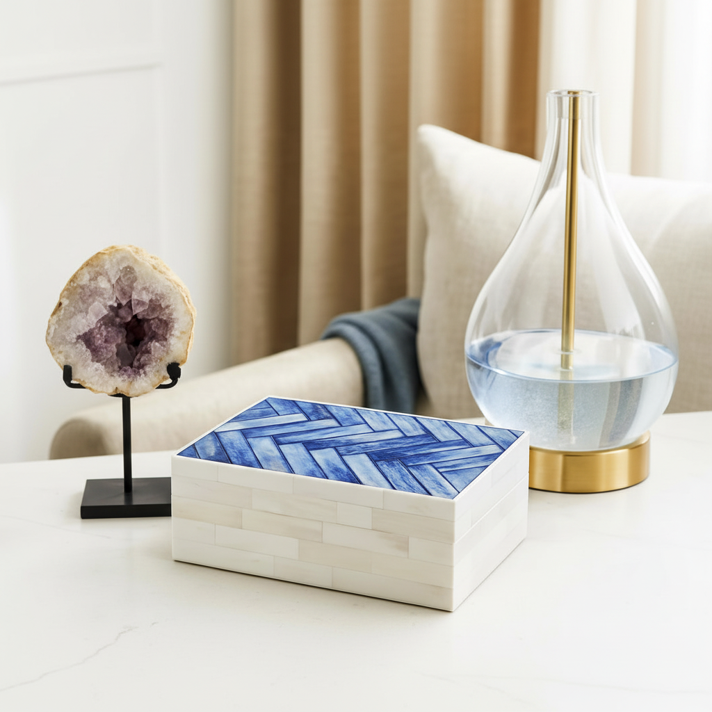 Handcrafted Blue Bone Inlay Box - Chevron Mosaic Jewelry Organizer