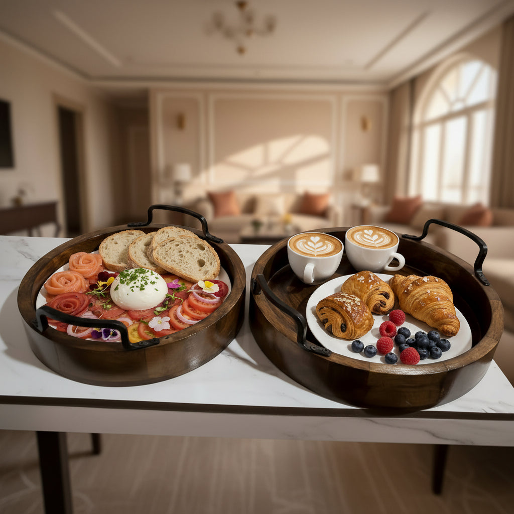 Set of 2 Round Wooden Serving Trays with Handles - Handcrafted Rustic Mango Wood