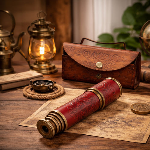 Antique Brass Pirate Telescope 18 Inch - Leather Wrap Handheld Spyglass