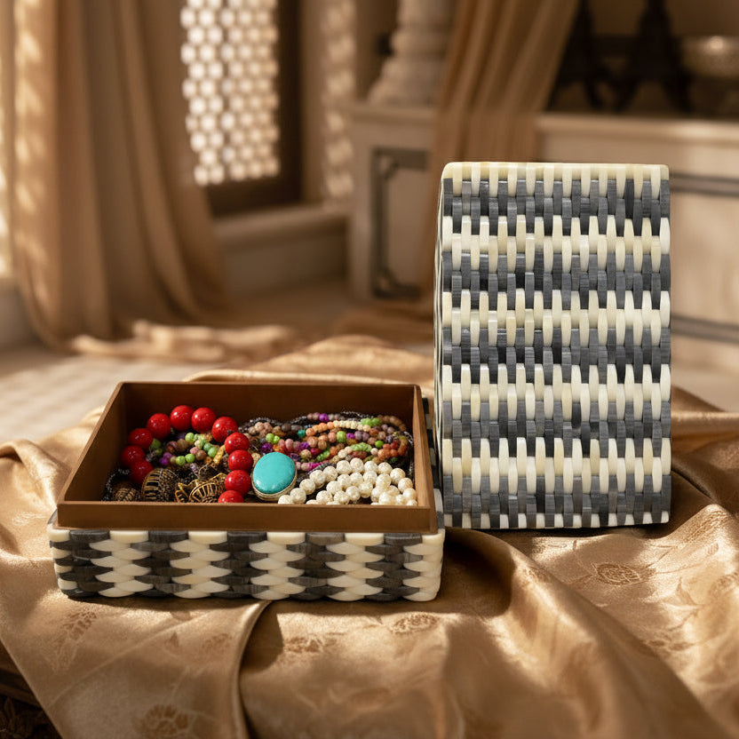 Handcrafted Bone Inlay Storage Box - White & Gray Wooden Jewelry Organizer