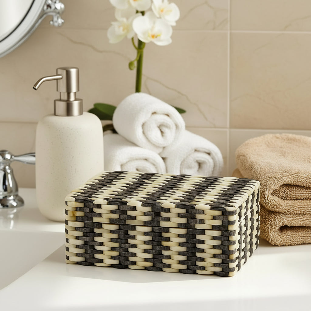 Handcrafted Bone Inlay Storage Box - White & Gray Wooden Jewelry Organizer