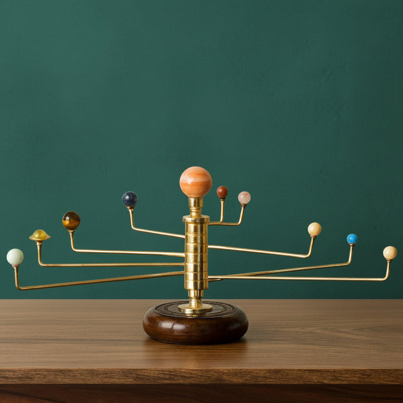 Luxury Gemstone Solar System Orrery - Handcrafted Brass & Natural Gemstone Planets