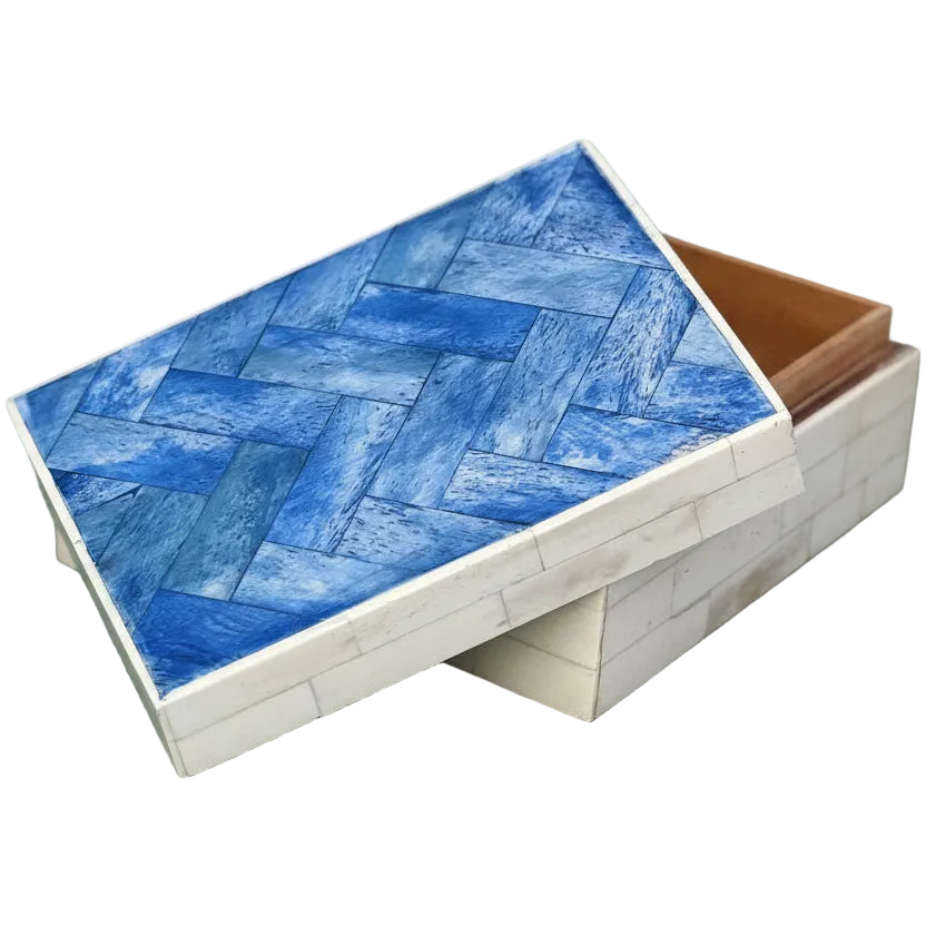 Handcrafted Blue Bone Inlay Box - Chevron Mosaic Jewelry Organizer