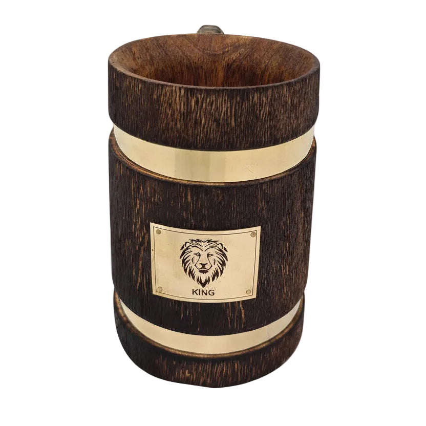 Antique Wooden Drinking Mug with Brass Lion King Logo - Handcrafted Viking Tankard