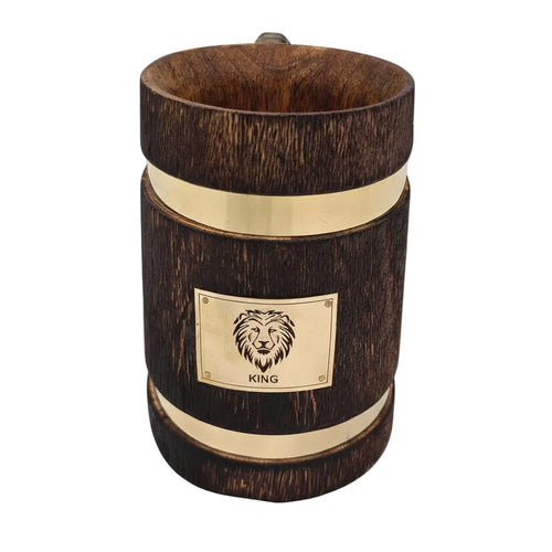 Antique Wooden Drinking Mug with Brass Lion King Logo - Handcrafted Viking Tankard