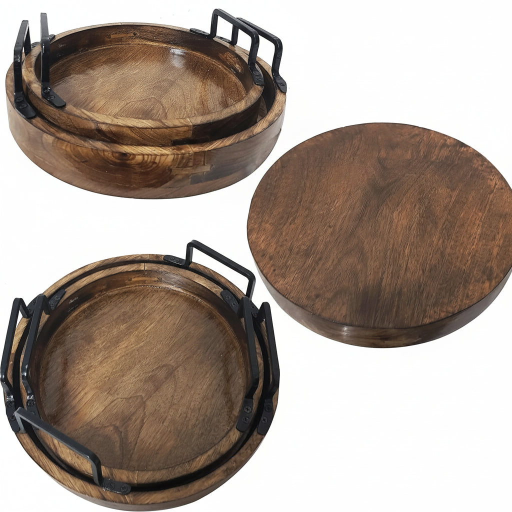 Set of 2 Round Wooden Serving Trays with Handles - Handcrafted Rustic Mango Wood