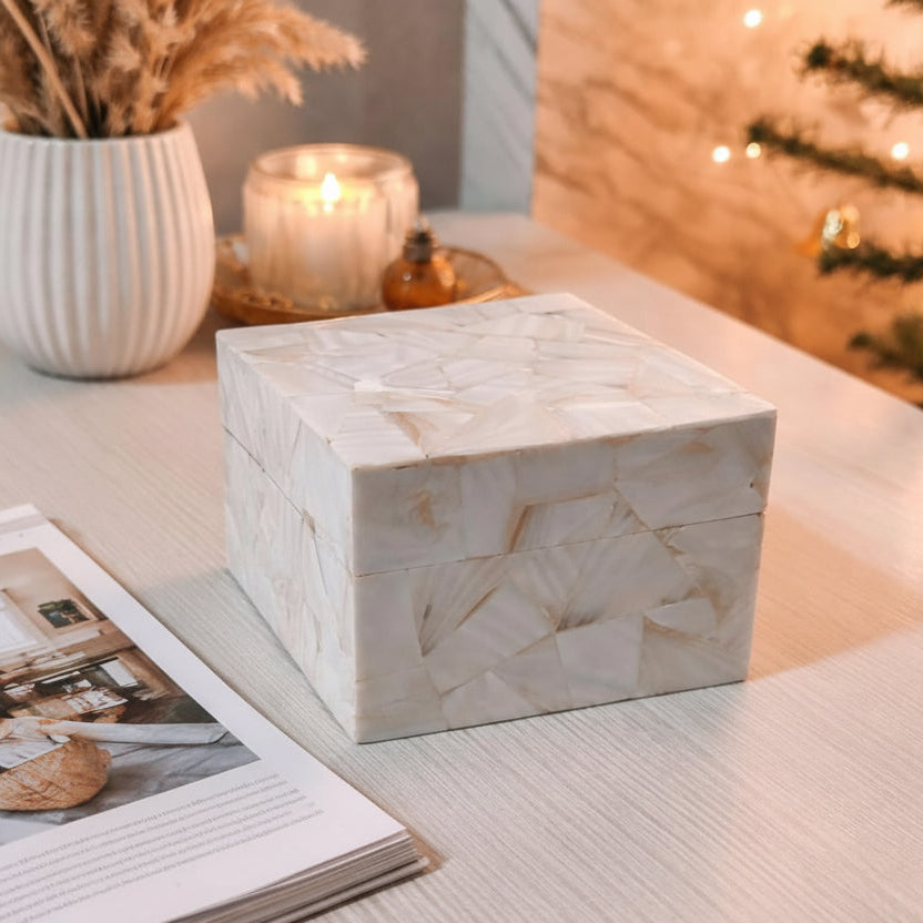 Handcrafted Mother of Pearl Treasure Box - Vintage White Keepsake Organizer