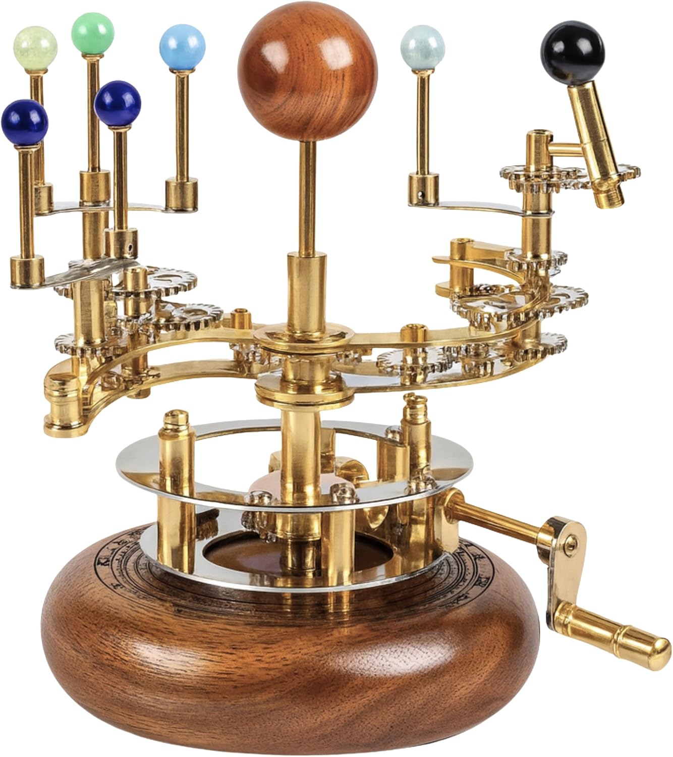 Brass Orrery Solar System Model Functional Planetarium with Wooden Base Full 7-Planet Gear Mechanism Steampunk Decor, Educational Gift, Astronomy Collectible