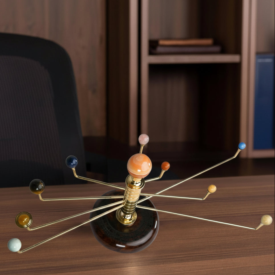 Luxury Gemstone Solar System Orrery - Handcrafted Brass & Natural Gemstone Planets
