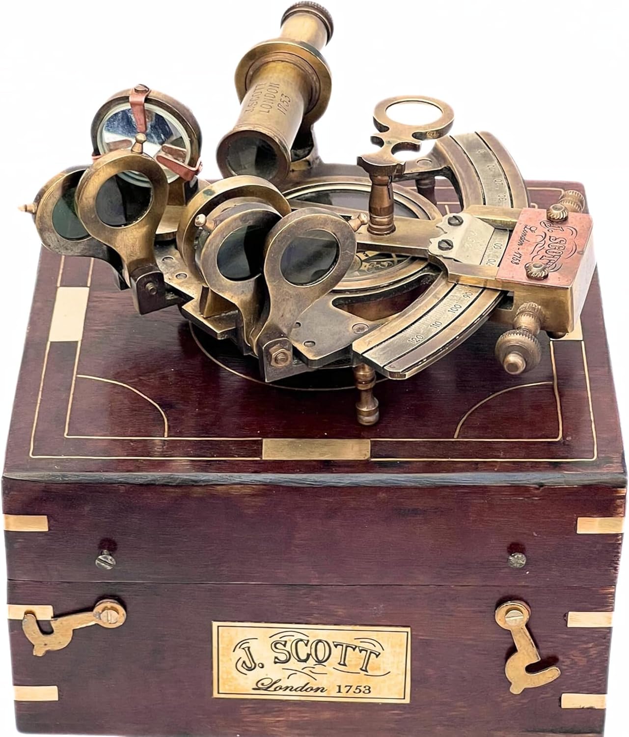 J Scott Navy Brass Sextant 5 Inch - Handmade Wooden Box Navigation Instrument