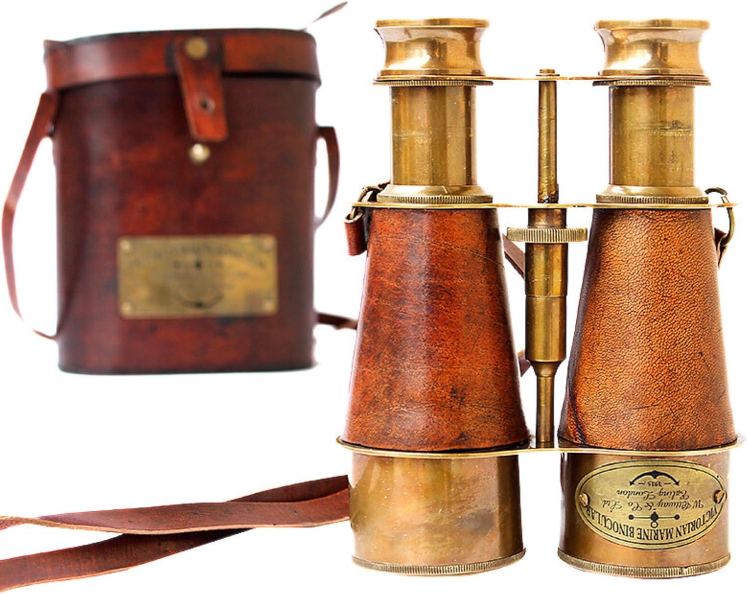 Victorian Marine Brass Binocular - 15x Magnification Leather Case London 1915