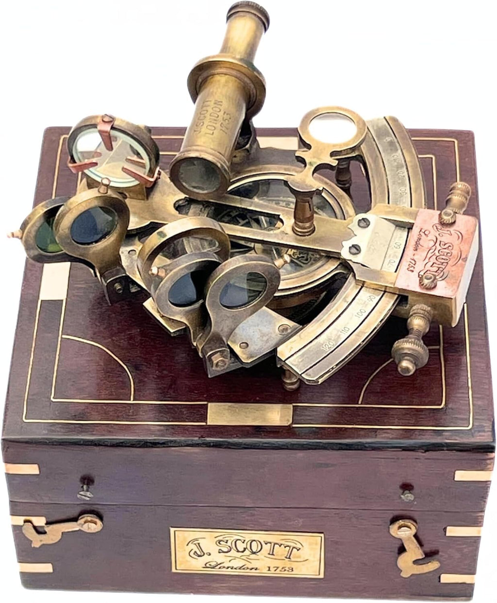 J Scott Navy Brass Sextant 5 Inch - Handmade Wooden Box Navigation Instrument