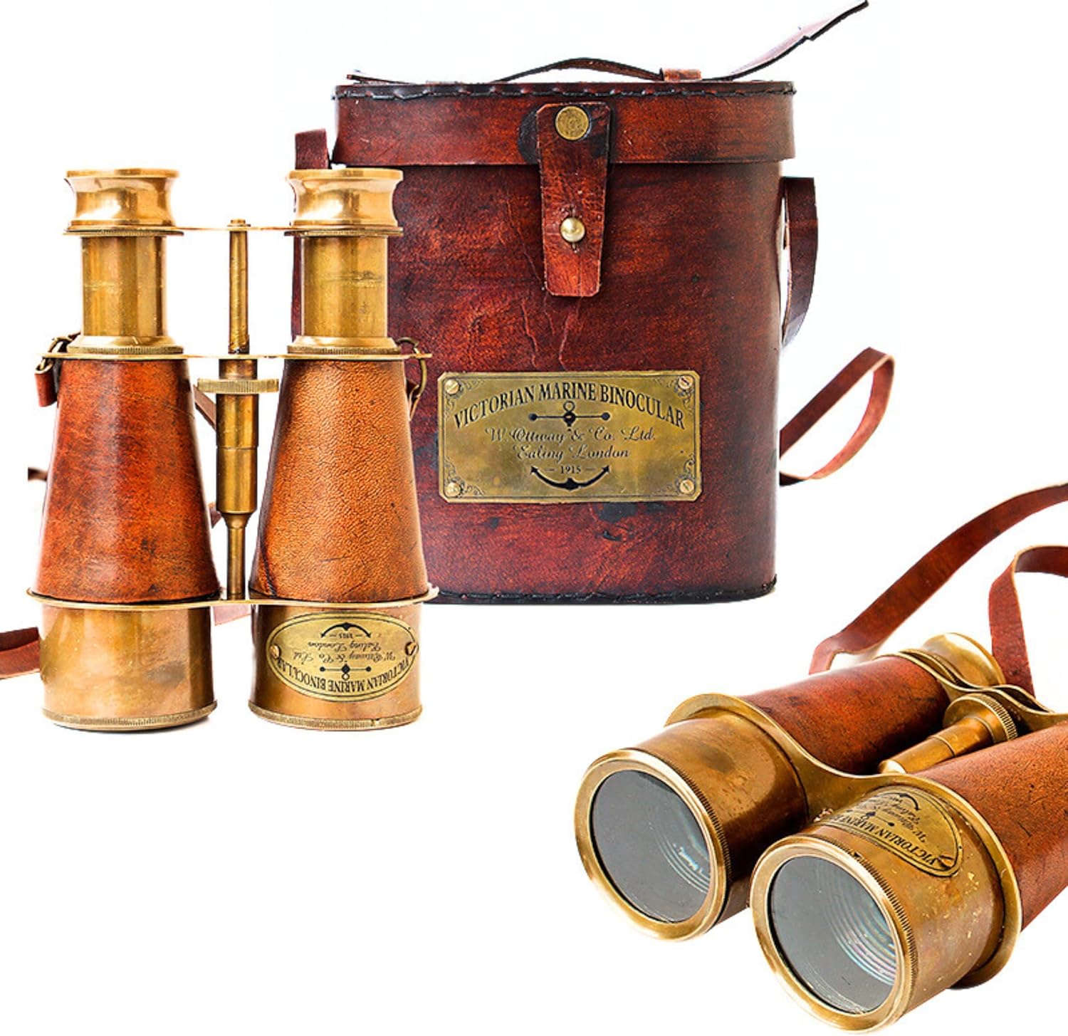 Victorian Marine Brass Binocular - 15x Magnification Leather Case London 1915