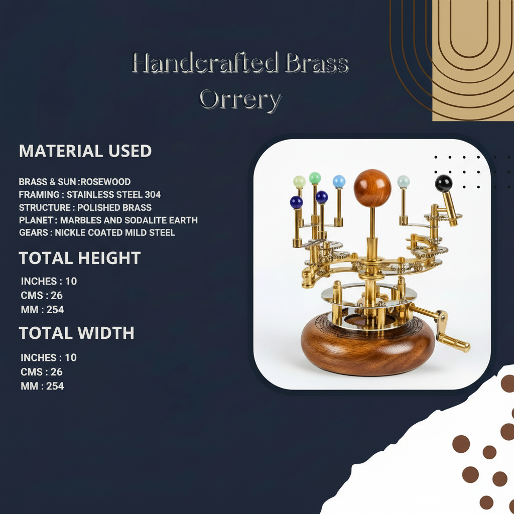Brass Orrery Solar System Model Functional Planetarium with Wooden Base Full 7-Planet Gear Mechanism Steampunk Decor, Educational Gift, Astronomy Collectible