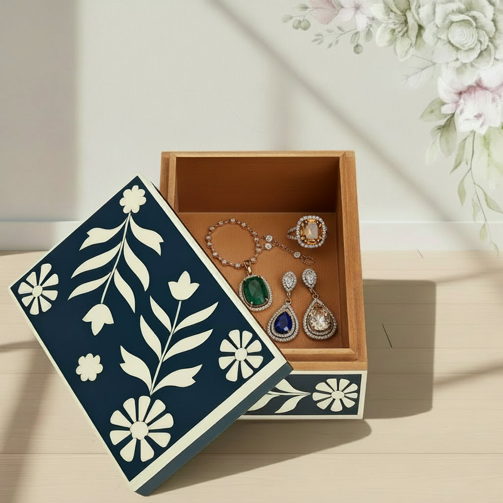 Luxury Bone Inlay Storage Box - Handcrafted Floral Jewelry Organizer