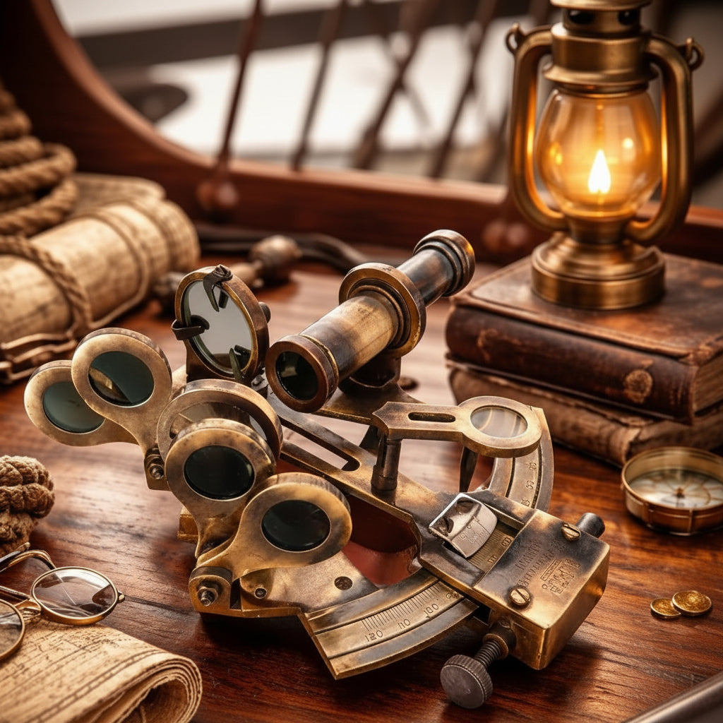 Brass Sextant Antique Navigation Instrument - German Model Wooden Case