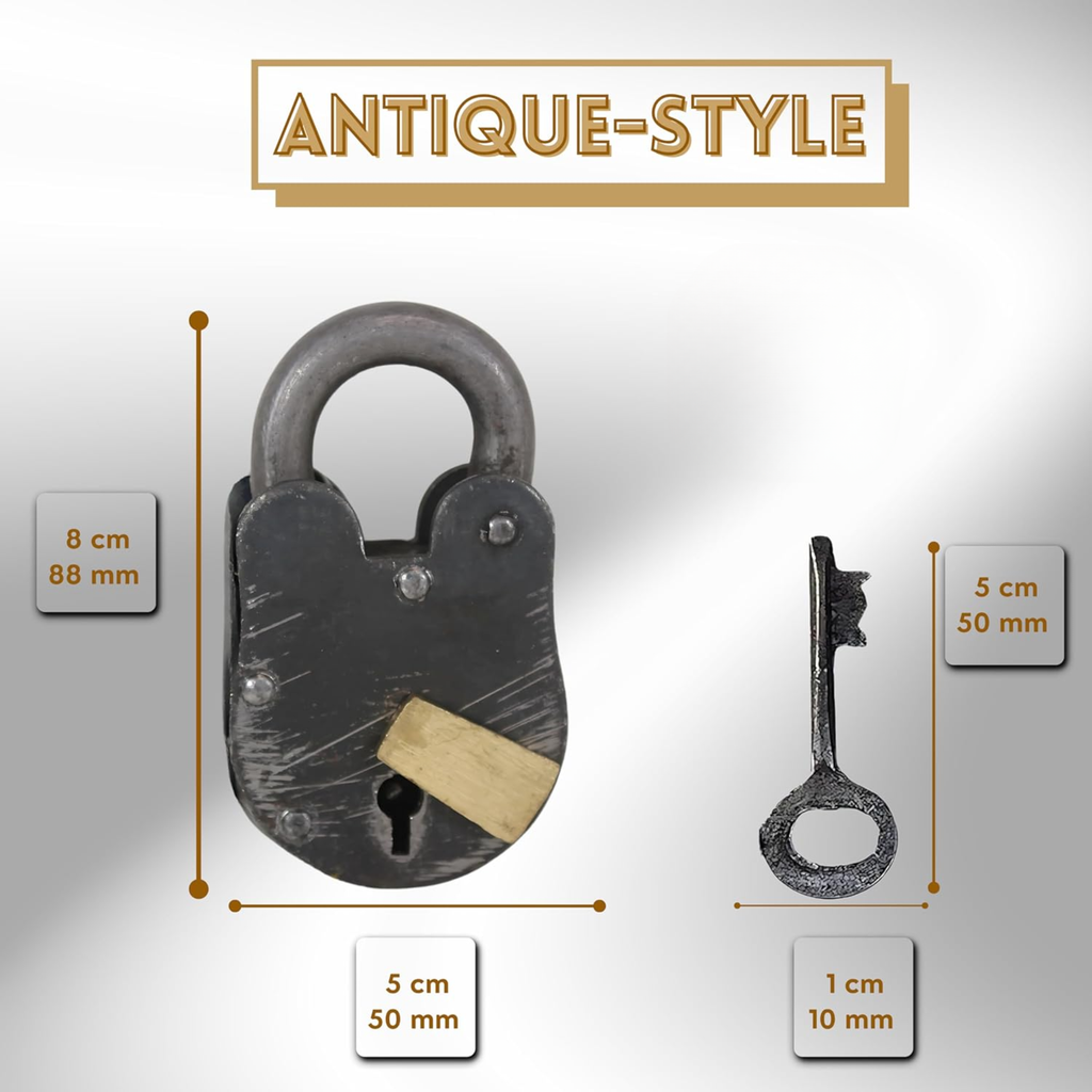 Antique Style Rustic Cast Iron Padlock – Heavy Duty Skeleton Key Lock Set Medieval Iron for Main Door or Jail Locker (3.5X2X0.75 inches)