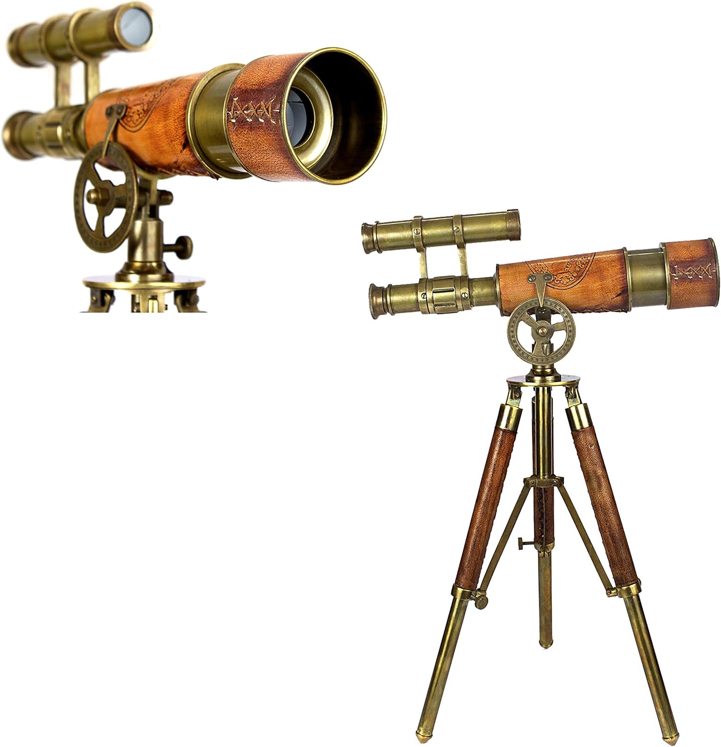 Brass Spyglass Telescope Red Leather - 15x Magnification Wooden Tripod Nautical