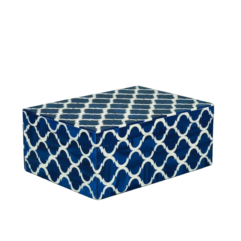 Handcrafted Blue & White Resin Inlay Jewelry Box - Antique Style Storage