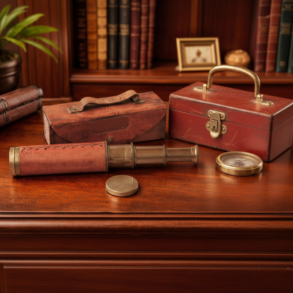 Brass Telescope Orange Leather Case - 15x Collapsible Dollond London 1920