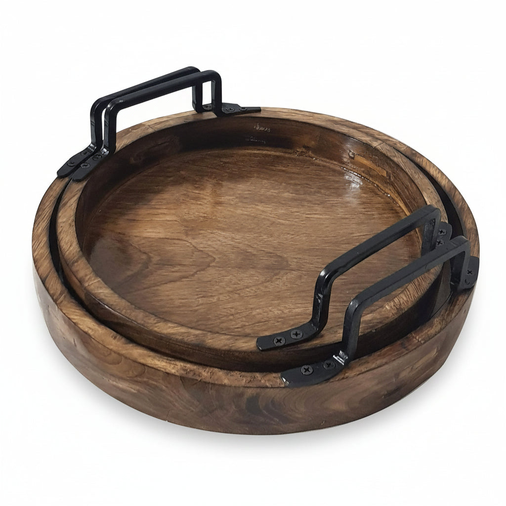 Set of 2 Round Wooden Serving Trays with Handles - Handcrafted Rustic Mango Wood