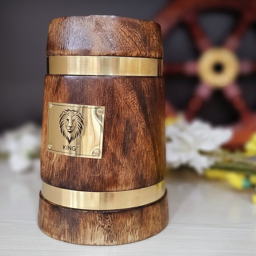 Antique Wooden Drinking Mug with Brass Lion King Logo - Handcrafted Viking Tankard