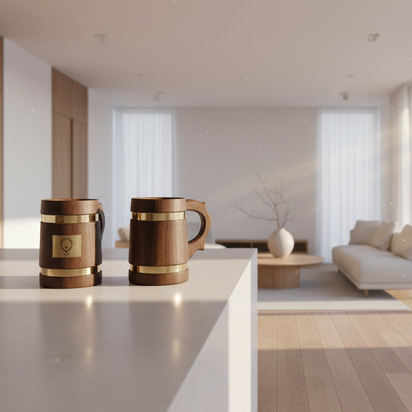 Antique Wooden Drinking Mug with Brass Lion King Logo - Handcrafted Viking Tankard