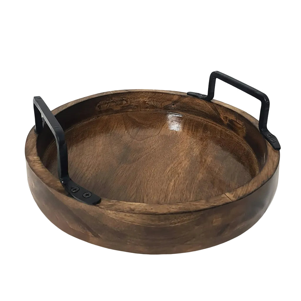 Set of 2 Round Wooden Serving Trays with Handles - Handcrafted Rustic Mango Wood