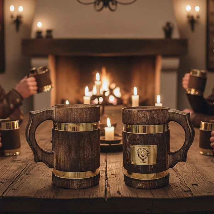 Antique Wooden Drinking Mug with Brass Lion King Logo - Handcrafted Viking Tankard