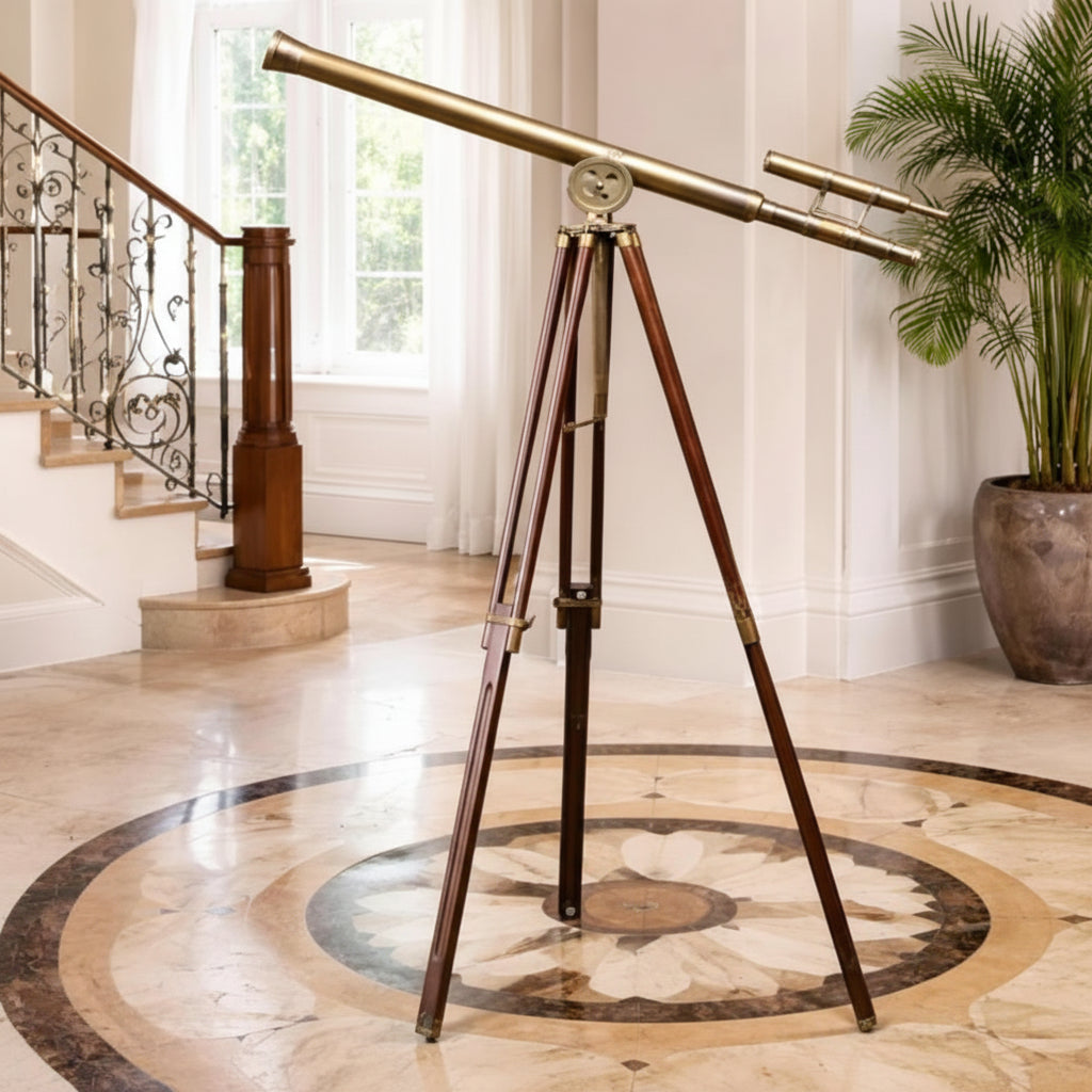 Floor Standing Telescope - 32x Magnification Wooden Tripod Antique Brass 65 Inch