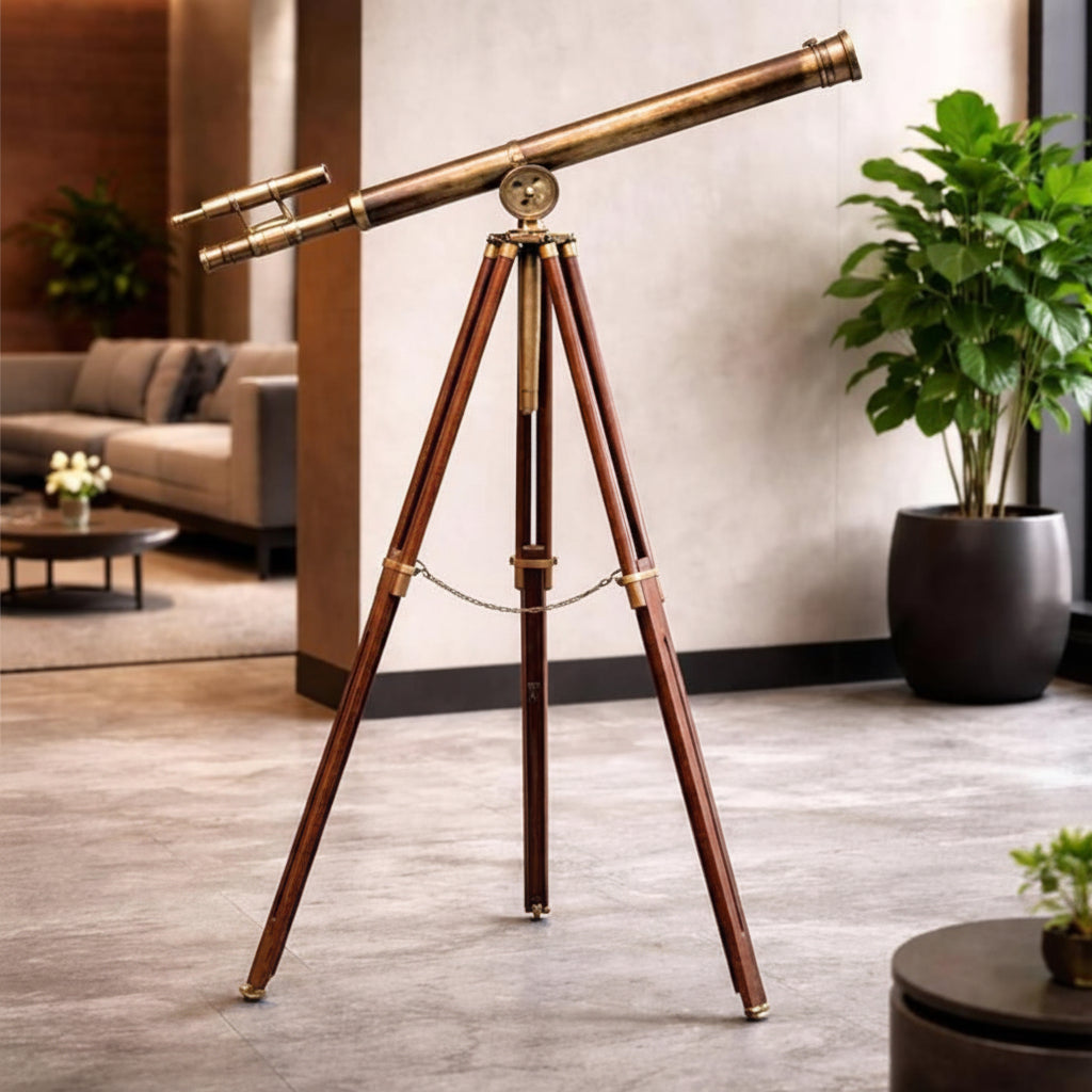 Floor Standing Telescope - 32x Magnification Wooden Tripod Antique Brass 65 Inch
