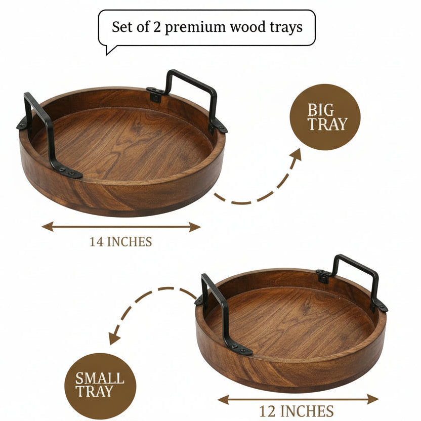 Set of 2 wooden trays with handles on a beige background