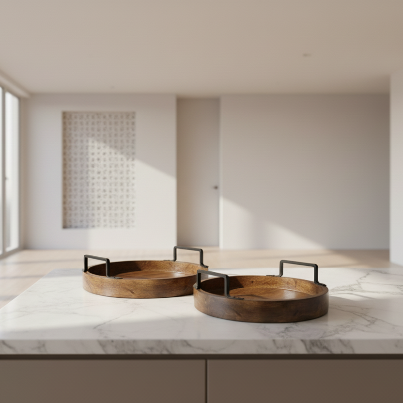 Set of 2 Round Wooden Serving Trays with Handles - Handcrafted Rustic Mango Wood