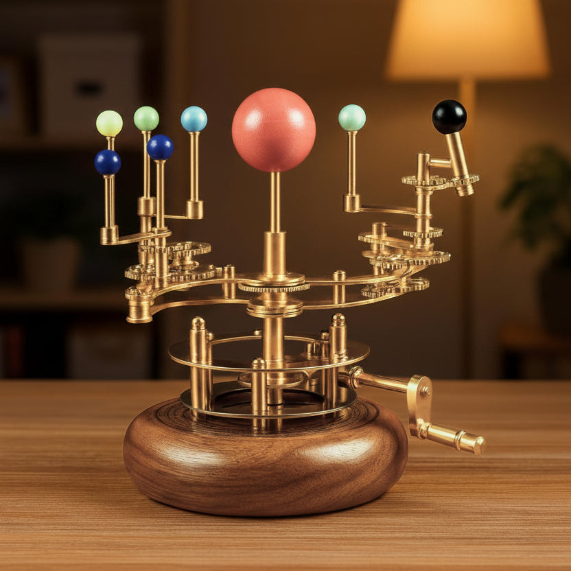 Orbital model of the solar system on a wooden base.