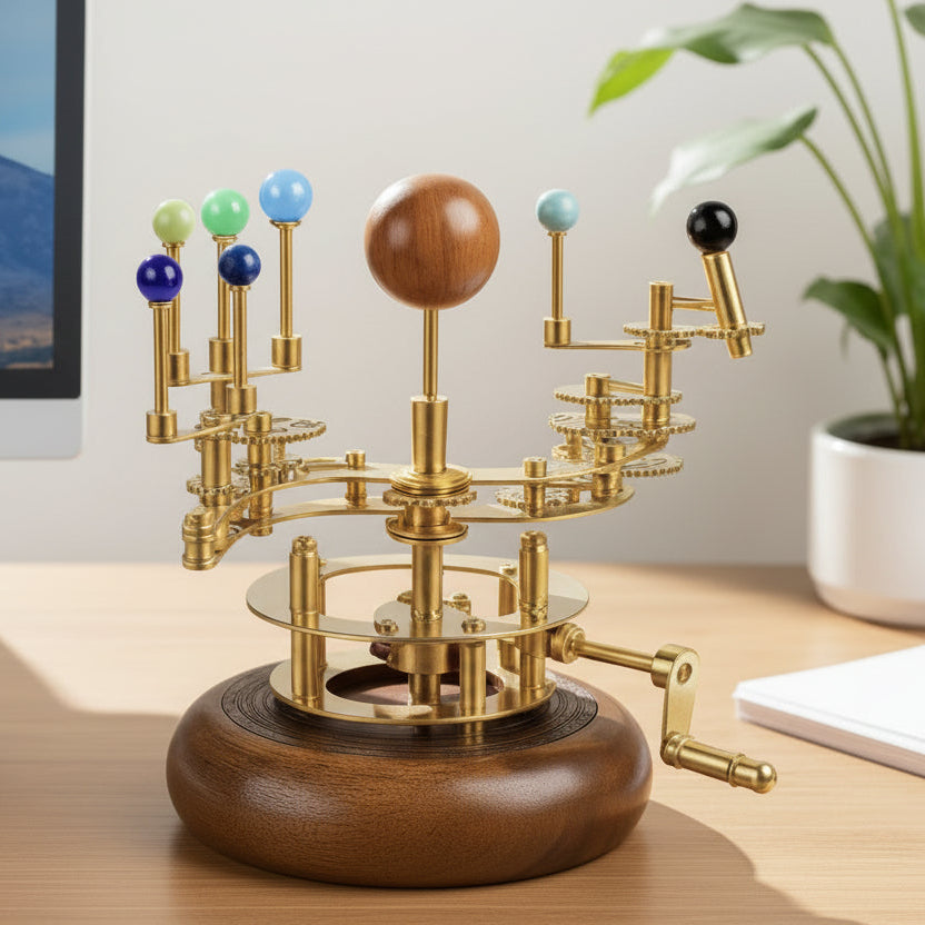 Brass Orrery Solar System Model Functional Planetarium with Wooden Base Full 7-Planet Gear Mechanism Steampunk Decor, Educational Gift, Astronomy Collectible