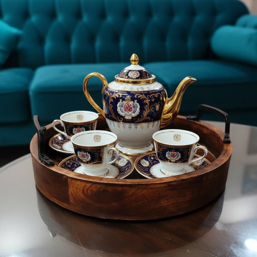 Set of 2 Round Wooden Serving Trays with Handles - Handcrafted Rustic Mango Wood