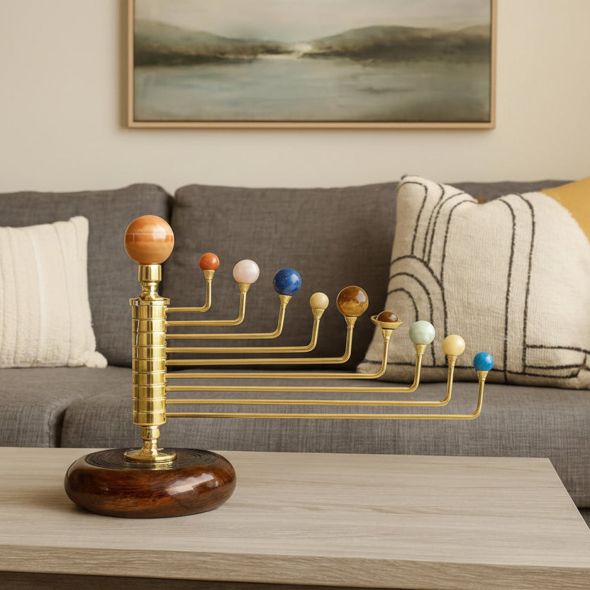Luxury Gemstone Solar System Orrery - Handcrafted Brass & Natural Gemstone Planets