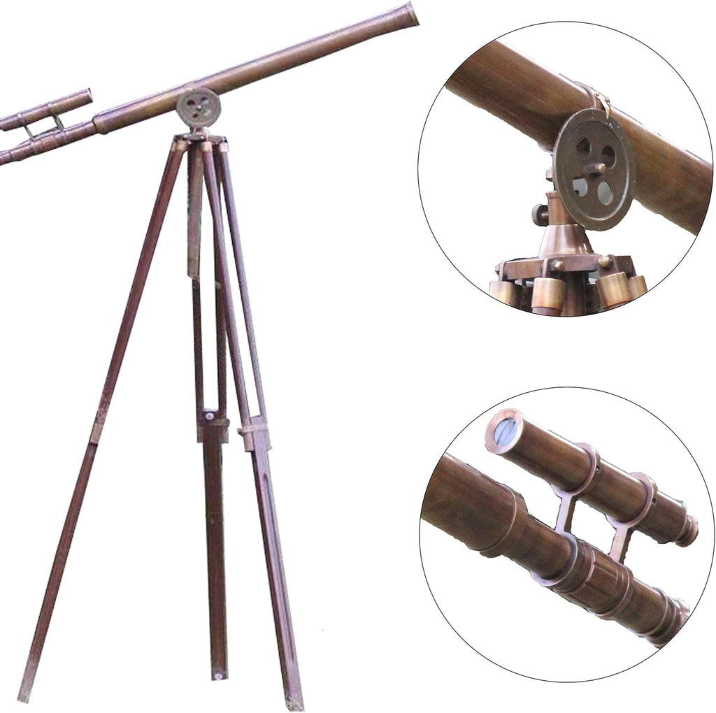 Floor Standing Telescope - 32x Magnification Wooden Tripod Antique Brass 65 Inch