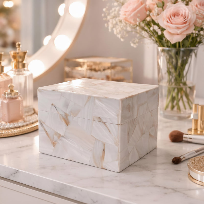 Handcrafted Mother of Pearl Treasure Box - Vintage White Keepsake Organizer